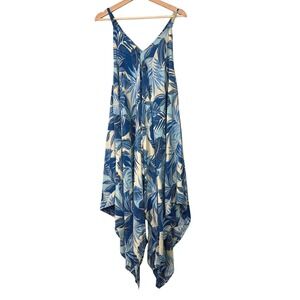 Goa Beachwear by Japna Blue Tropical Palm Leaf Handkerchief Hem Coverup Large